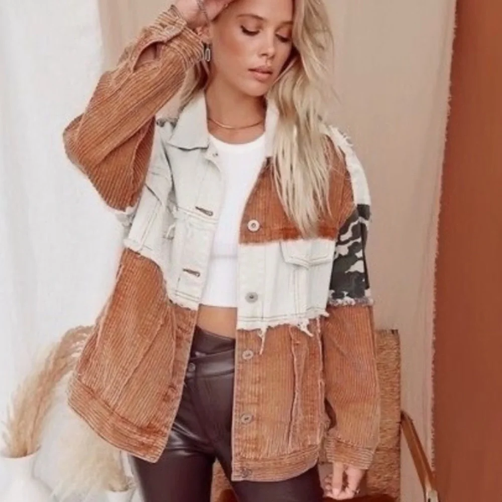 POL Women's Oversized Patchwork Corduroy Camo Y2K Jacket Inside Pockets Size S/M - Picture 2 of 16